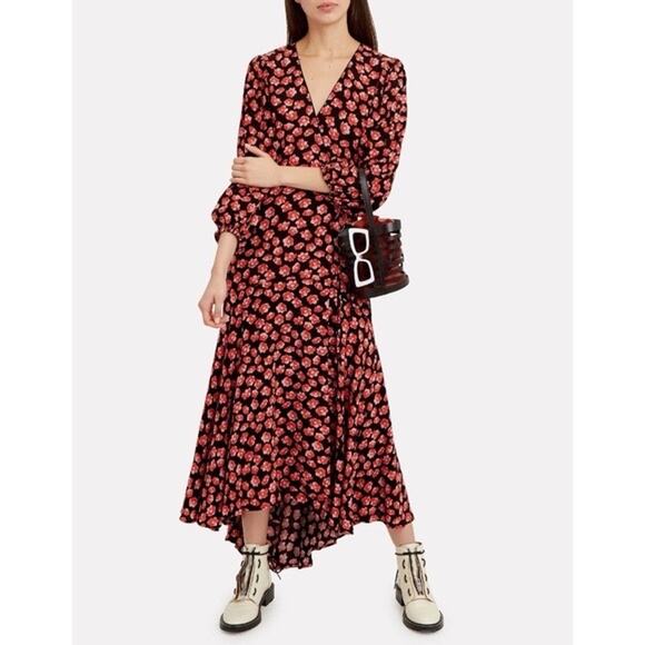 GANNI Red Black Floral Wrap Puff Sleeves V-Neckline Midi Dress size 36 - Picture 1 of 16